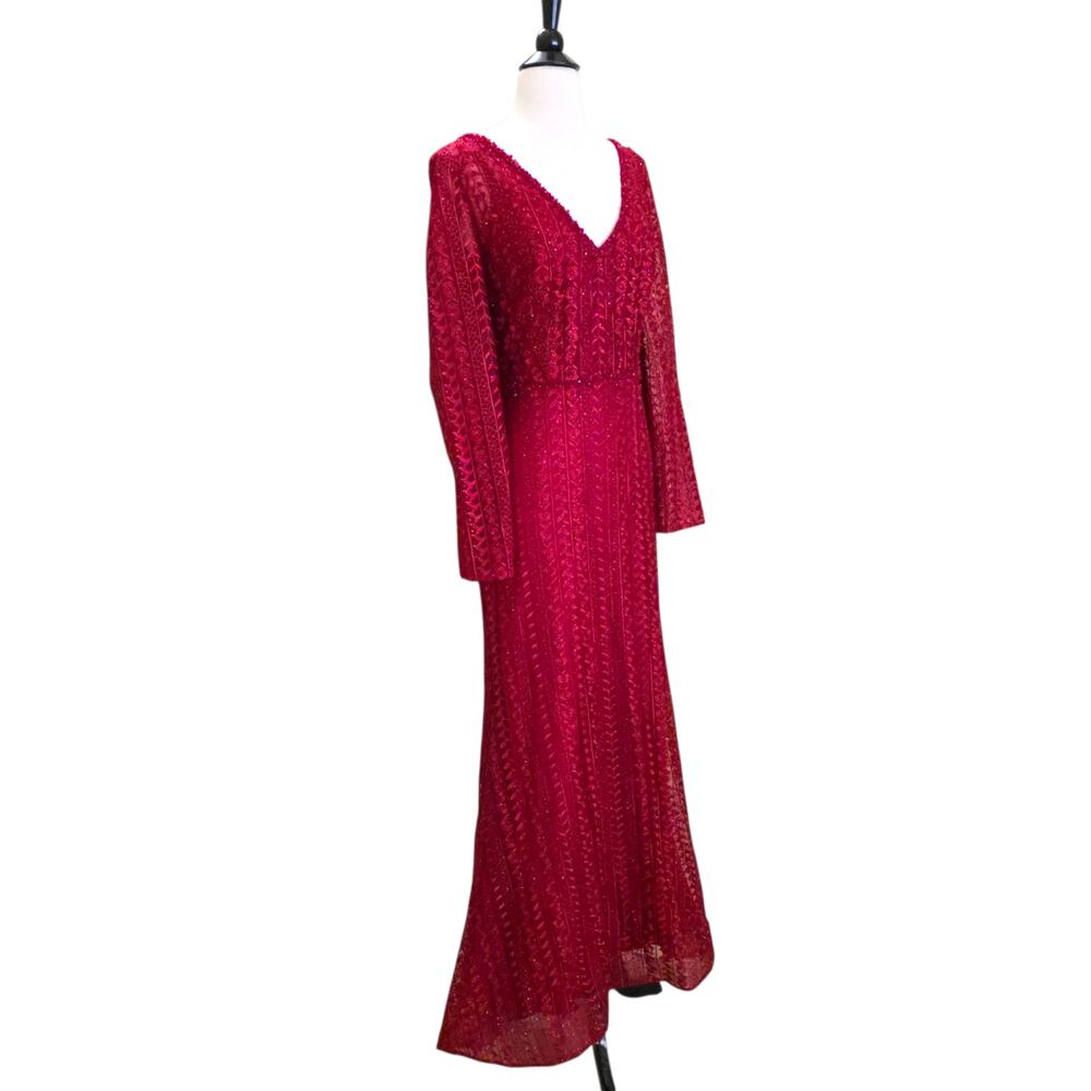 Mac Duggal Dress 12 Red Formal 20271 Embellished Long Sleeve Burgundy Gown - Picture 5 of 12